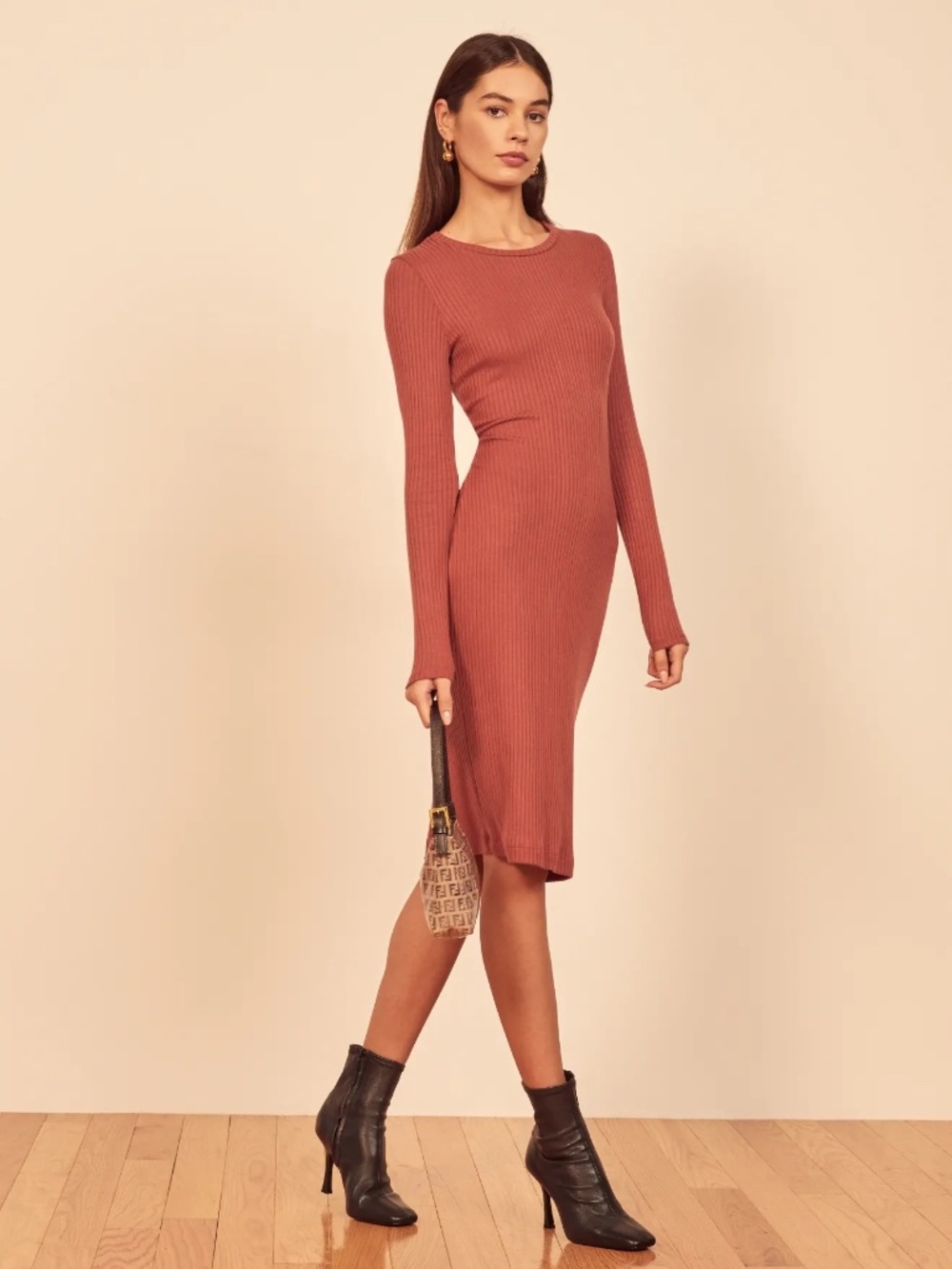 Reformation Wednesday Ribbed Long Sleeve Bodycon Midi Dress Rust Burnt Orange S